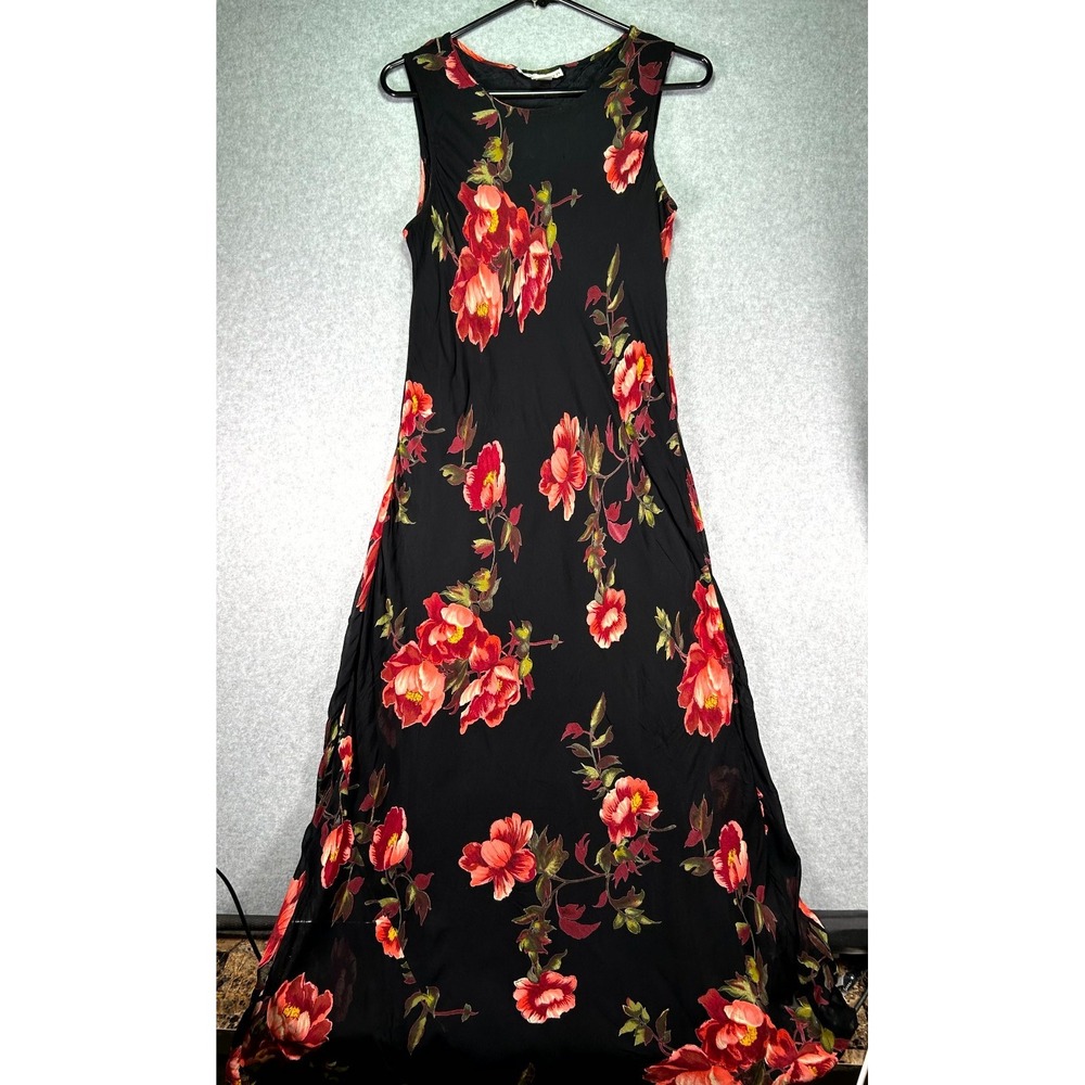 Dressbarn Maxi Dress Womens Large Black Floral Rayon Round Neck Sleeveless